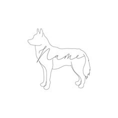 a drawing of a dog with the word name on it's chest and tail