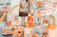 a collage of orange and white images