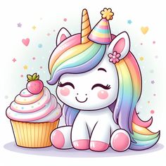 a cute unicorn sitting next to a cupcake