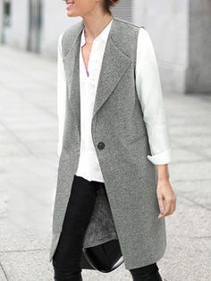 http://www.fashiontrendwebsites.com/category/vest/ Lapel Single Button Pockets… Waistcoat Outfit, Long Waistcoat, Gray Vest, Sleeveless Blazer, Gilet Long, Grey Vest, Wardrobe Outfits, Long Vests, Latest Street Fashion