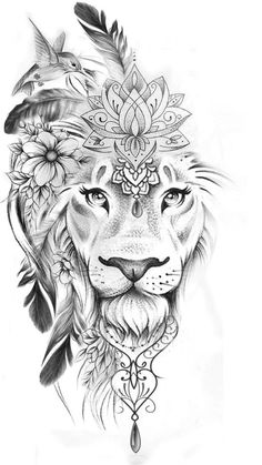 a drawing of a lion with feathers and flowers on it's head is shown