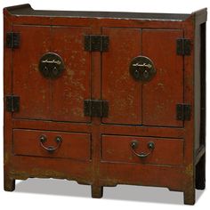 an old wooden cabinet with two doors and three drawers on one side, the door is open