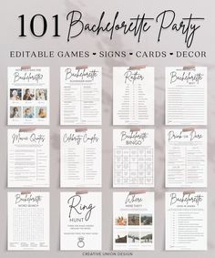 the 10 best bachelor party game cards are on display in front of a white background