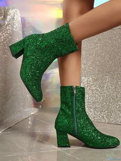 OrcaJump - Stylish Sequin Chunky Heel Boots for Fashionable Dresses Sparkly Boots, Sparkly High Heels, Sequin Boots, Pu Boots, Chunky Heel Ankle Boots, Glitter Boots, Chart Pattern, Street Party, Ankle Heels