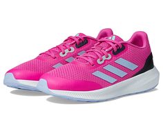 adidas Kids Run Falcon 3.0 (Little Kid/Big Kid) - Girl's Shoes : Lucid Fuchsia/Blue Dawn/Black : Let your kids enjoy their sports time wearing the versatile adidas Kids Run Falcon 3.0 Running Shoes. Textile and synthetic upper. Textile lining and insole. Lace-up closure. Padded tongue and collar. Iconic three-stripe design. Round toe design. Synthetic outsole. Imported. Measurements: Weight: 7 oz Product measurements were taken using size 5 Big Kid, width M. Please note that measurements may var Blue Dawn, Kids Running, Adidas Kids, Girls Shoes Kids, Shoes Adidas, Toe Designs, Big Kid, Stripes Design