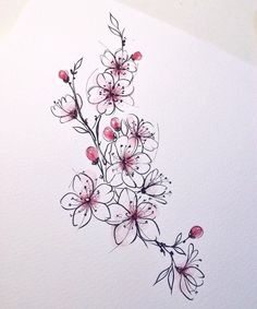 a drawing of flowers on a white paper with watercolor pencils and ink pen