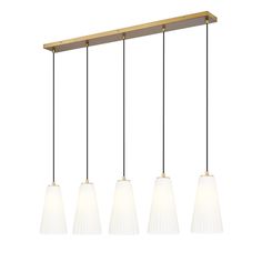 four lights hanging from a wooden beam with white glass shades on the top and bottom