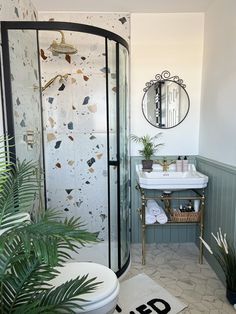 a bathroom with a sink, mirror and shower in it's corner next to a potted plant