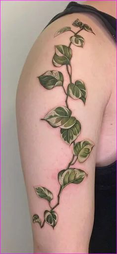 a woman's arm with green leaves on it