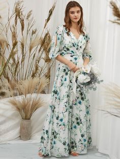 MissJophiel Women Puff Sleeves Chiffon V Neck Print Floral Sage Floor Length Formal Evening Gown Gown For Wedding Guest, Gown For Wedding, Wedding Evening Gown, Formal Evening Gown, Chiffon Maxi Dress, Maxi Dresses Casual, Evening Gowns Formal, Groom Dress, Design Floral