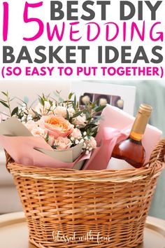 a basket filled with flowers and wine on top of a table next to a bottle