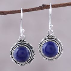 Evoking the beauty of the moon, two round cabochons of gleaming blue lapis lazuli are displayed in these dangle earrings from India. Neeru Goel presents these earrings, handcrafted with sterling silver rope and dot patterns by local artisans. Dot Patterns, Lapis Necklace, Jewellery Moulds, Blue Lapis Lazuli, Blue Lapis, Fancy Jewelry, Amethyst Earrings, Blue Chalcedony, Jewelry Packaging