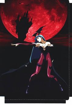 an anime character is standing in front of a red full moon with her arms outstretched