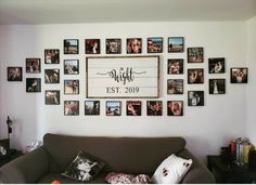 a living room filled with furniture and lots of pictures on the wall above it's couch