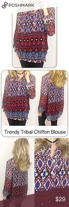 Boho Hippie Tribal Chiffon Blouse Top SMLXL So gorgeous!  Love this bohemian tribal pattern chiffon tunic blouse in wine, blue, rust, black & ivory. Three top buttons & side slits...so little light & easy to wear with your go to cami or tank . 100% semi-sheer polyester. Relaxed Flattering Fit  Small 2/4/6 Bust 40" Length 27" Medium 6/8/10 Bust 41" Length 27.5" Large 10/12 Bust 42" Length 28" Tops Blouses Chiffon Tops Blouses, Wine Coolers, Chiffon Tunic, Wine Top, Boho Hippie Chic, Fitted Blouses, Chiffon Blouse, Tunic Blouse, Large Bust