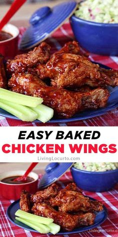 easy baked chicken wings with celery and coleslaw on the side for dipping