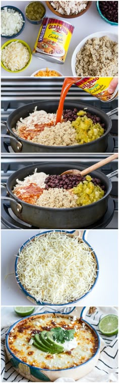 the process of making mexican rice and beans is shown in three different stages, including being cooked