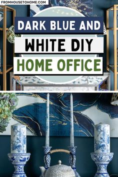 dark blue and white DIY home office Home Office Dark, Small Room Diy, Beautiful Office Spaces, Beautiful Office, Christmas Organization, Office Layout, Room Paint Colors, Office Makeover, Library Decor