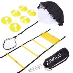 an assortment of sports equipment is displayed on a white background with black and yellow accessories