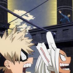 an anime scene with two people on a bridge and one is holding his head in the air