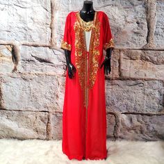 This Elegant 2 Pieces Red/Gold And White Embroidered Abaya Features Intricate Gold Ornate Embroidery Along The Neckline, Down The Front, And On The Edges Of The Sleeves And The Bottom Hem. The Set Includes One Dress And A Long Embroidered Kimono/Goddess Duster/Cover Up. Size: Large Bust:50" Hips:52" Length:59" Sleeves: 14" Traditional Red Long Sleeve Kaftan, Red Long Thobe For Eid, Red Long Embroidered Dress, Traditional Red Maxi Length Kaftan, Traditional Red Kaftan For Festival, Red Embroidered Dresses For Eid, Red Fitted Kaftan For Wedding, Embroidered Red Dresses For Eid, Red Bohemian Ceremonial Dress