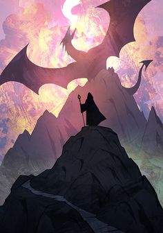 a man standing on top of a mountain next to a dragon flying over it's head