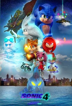 sonic the hedgehog movie poster with many characters in front of a cityscape