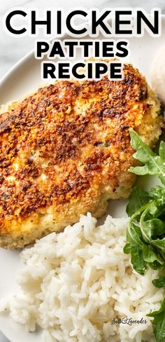 chicken patties with rice and greens on a white plate, text reads chicken patties recipe