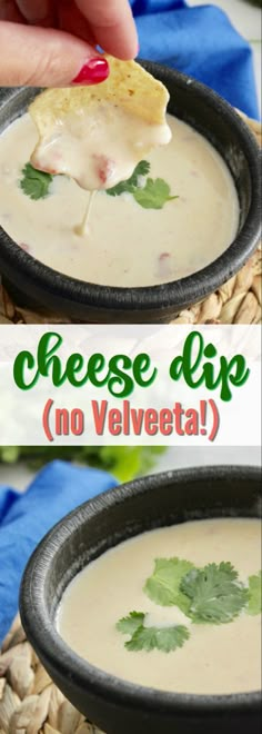 a person dipping cheese dip into a bowl with parsley on top and the words cheese dip no velveeta above it