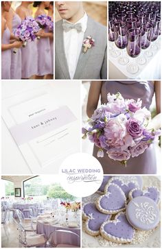 a collage of photos with purple and white wedding decorations, cookies, flowers, and more