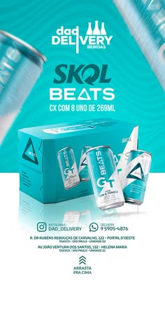 the advertisement for skol beats is displayed in blue and white colors, with an image of