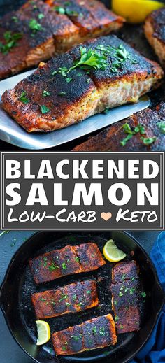 blackened salmon in a cast iron skillet with lemons and parsley on the side