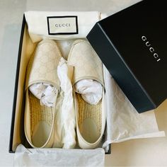 New Never Worn In Box Gucci Fabric Espadrilles. Size Is 39 But Fits An 8.5 To Smaller 9. I Bought These At Gucci But Never Wore Them. I Have Another Pair I Wear And Love This Style. They’re Sooo Comfortable. Comes With Box And Dust Covers White Casual Gucci Espadrilles, Gucci White Round Toe Espadrilles, White Gucci Espadrilles For Spring, Gucci Leather Beach Espadrilles, Gucci Leather Espadrilles For Beach, Designer Closed Toe Espadrilles With Branded Insole, Gucci Luxury Slip-on Espadrilles, Luxury Gucci Slip-on Espadrilles, Luxury Beige Espadrilles With Flat Heel