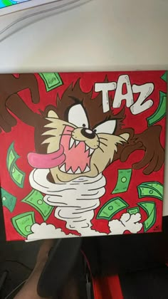 a painting of a cat with money coming out of it's mouth and tongue