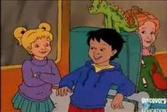 an animated image of two children in a room with dinosaurs on the wall behind them