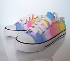 Custom pastel rainbow shoes. Hand painted shoes - pastel rainbow design. Acrylic paint on canvas shoes. Every size is possible. I use US size chart! US size chart! Shoes are hand painted using High grade acrylic paint. I use a special textile paint designed to be flexible on fabric. The paint is water proof and fade proof. Prices depends on what model of shoes you will choose. Let me know the style and your shoe size upon ordering as well as what you want painted on them, and feel free to send m Rainbow Converse, Shoes Pastel, Vans Shoes Fashion, Textile Paint, Painted Canvas Shoes, Custom Painted Shoes, Blue Converse, Rainbow Shoes, Painted Rainbow