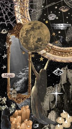 an artistic collage with stars, moon and other things in the sky above it