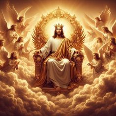 an image of jesus sitting on the throne surrounded by angels and halos in the sky