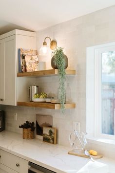 the kitchen counter is clean and ready to be used as a cook's space