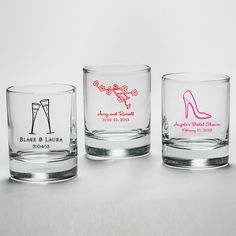 three personalized shot glasses with high heel designs