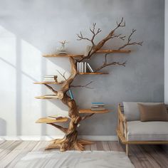 a living room with bookshelves and a tree