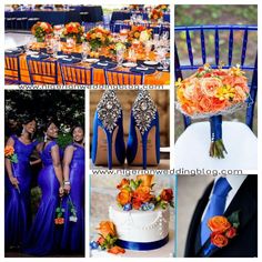 an orange and blue wedding theme is featured in this photo collage with the bride and groom