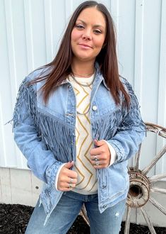 True to size with a slightly relaxed fit (I can wear my normal size medium and still layer a sweater underneath) Button front and side pockets Denim material with light weight denim fringe along the chest & sleeves 70% cotton 28% polyester 2% spandex ••FINAL SALE•• Trendy Denim Jacket With Fringe, Fall Cotton Denim Jacket With Fringe, Fringe Cotton Denim Jacket For Fall, Fall Fringe Cotton Denim Jacket, Trendy Fringe Denim Jacket, Fall Cotton Denim Jacket With Frayed Hem, Cotton Denim Jacket With Frayed Hem For Fall, Medium Wash Outerwear With Frayed Hem For Fall, Trendy Cotton Denim Jacket With Fringe