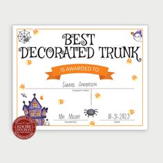 Our ORIGINAL DIY printable Best Decorated Trunk Award Certificate.  Great for parties, schools and neighborhood gatherings such as trunk or treat night. If you are looking for an award certificate where you can edit the award category, please take a look at this listing -- https://www.etsy.com/listing/1325143993 This is a digital download, nothing will be shipped. Take a look at the Halloween Awards Bundle here - https://www.etsy.com/listing/1296475592 This item is part of our "Adobe Doubles" series that offers you 2 ways to use.  One that is a quick, no editing version where you handwrite the information on the lines provided on the certificate and another version where you can edit the recipient's name, awarded by and date lines with Adobe Reader which is free to download at https://get. Halloween Costume Winners, Halloween Awards, Halloween Costume Awards, Awesome Pumpkin Carvings, Trick Or Treat Costume, Pumpkin Carving Contest, Creative Pumpkin Carving, Creative Pumpkins, Funny Pumpkins