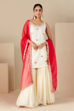 White crepe silk kurta with floral hand embroidery. Comes with sharara and a red chiffon dupatta. - Aza Fashions Red Sharara, White Sharara, Kurta And Sharara, Sharara Designs, White Kurta, Silk Kurta, Red Chiffon, Chiffon Dupatta, Sharara Set