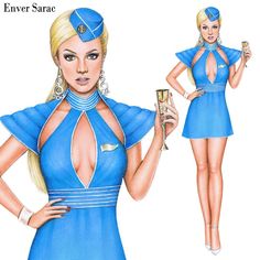 a drawing of a woman in a blue dress holding a wine glass and looking at the camera