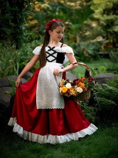 Red Riding Hood Peasant Costume: Leotard Bodice has center panel of white velvet & criss crossed lacing. White ruffled sleeves are lined in eyelet cotton with lace ruffle overlay. Satin Skirt is embellished with a double ruffle of embroidered eyelet with white ruffled lace for impression of a petticoat. Cotton apron is eyelet cotton gathered to a waistband that ties in the back. The apron is trimmed with a double eyelet ruffle with lace overlay. Rose Garland Headband comes in organza bag. Little Red Riding Hood Costume, Witch Tutu, Red Riding Hood Party, Peasant Costume, Costume Princess, Gothic Witch, Witch Halloween Costume