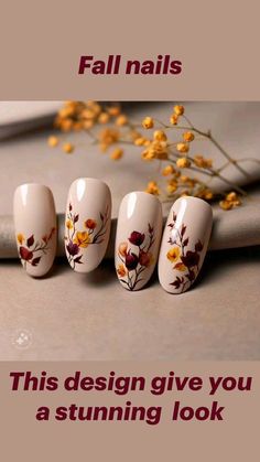 Mustard Yellow Nail Art, Nail Design Autumn, Beige Nail, Beige Nails Design, Glossy Nails, Autumn Florals, Yellow Nail Art, Nails Autumn