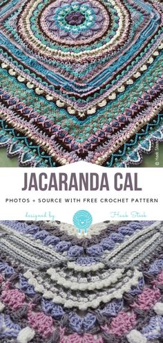 the crocheted afghan is shown with text that reads,'jacaranda cal photos