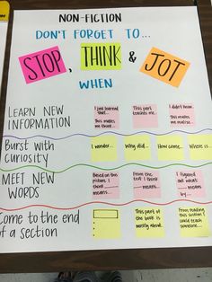 a bulletin board with words and notes on it that say stop, think, and jot